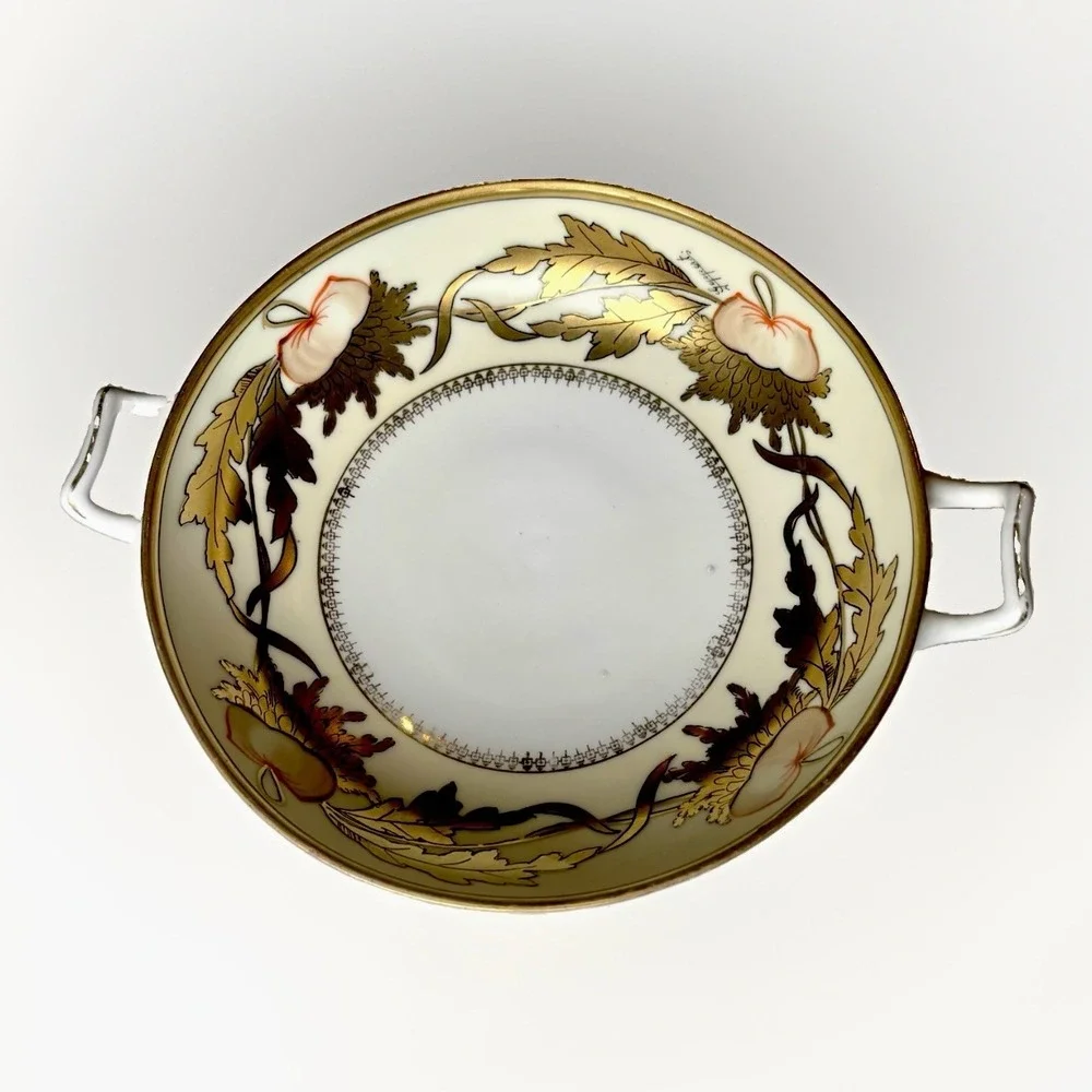 P Donath Prussia Red Griffin Hand  Painted Double Handle Fruit Bowl Gold Signed